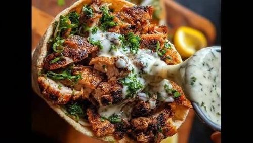 Image of a chicken wrap with salad and garlic sauce